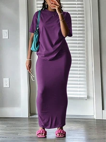 INAWLY Solva Women's Solid Color Short Sleeve Top And Skirt Casual Daily 2 Pieces Set - Purple - View 2