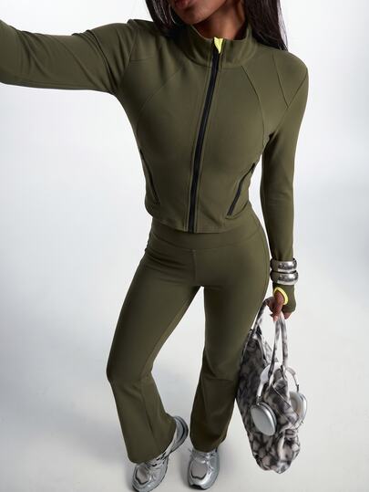 Innovista Innovista Women's Slim Fit Zipper Long Sleeve Top And Flare Pants Sports Set