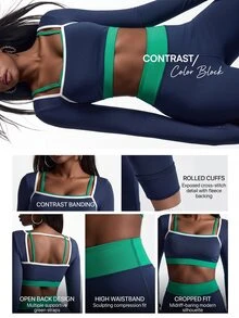 Innovista Innovista Women's Striped Colorblock Long Sleeve Top And Fitted Leggings Sports Set - Blue - View 10