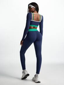 Innovista Innovista Women's Striped Colorblock Long Sleeve Top And Fitted Leggings Sports Set - Blue - View 5
