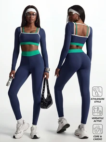 Innovista Innovista Women's Striped Colorblock Long Sleeve Top And Fitted Leggings Sports Set - Blue - View 12