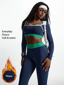 Innovista Innovista Women's Striped Colorblock Long Sleeve Top And Fitted Leggings Sports Set - Blue - View 2