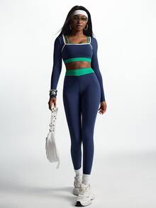 Innovista Innovista Women's Striped Colorblock Long Sleeve Top And Fitted Leggings Sports Set - Blue - View 9