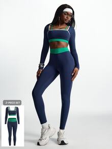 Innovista Innovista Women's Striped Colorblock Long Sleeve Top And Fitted Leggings Sports Set - Blue - View 6