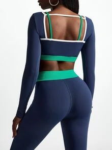 Innovista Innovista Women's Striped Colorblock Long Sleeve Top And Fitted Leggings Sports Set - Blue - View 3