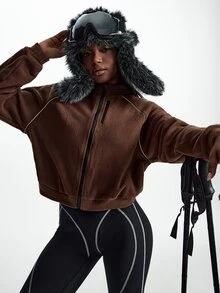 Innovista Innovista Women's Colorblock Zipper Casual Daily Travel Sports Jacket Casual, Fall, Winter, Autumn, Gym, Workout, Moddest Yoga, Fitness, Athletic, Training - Brown - View 9