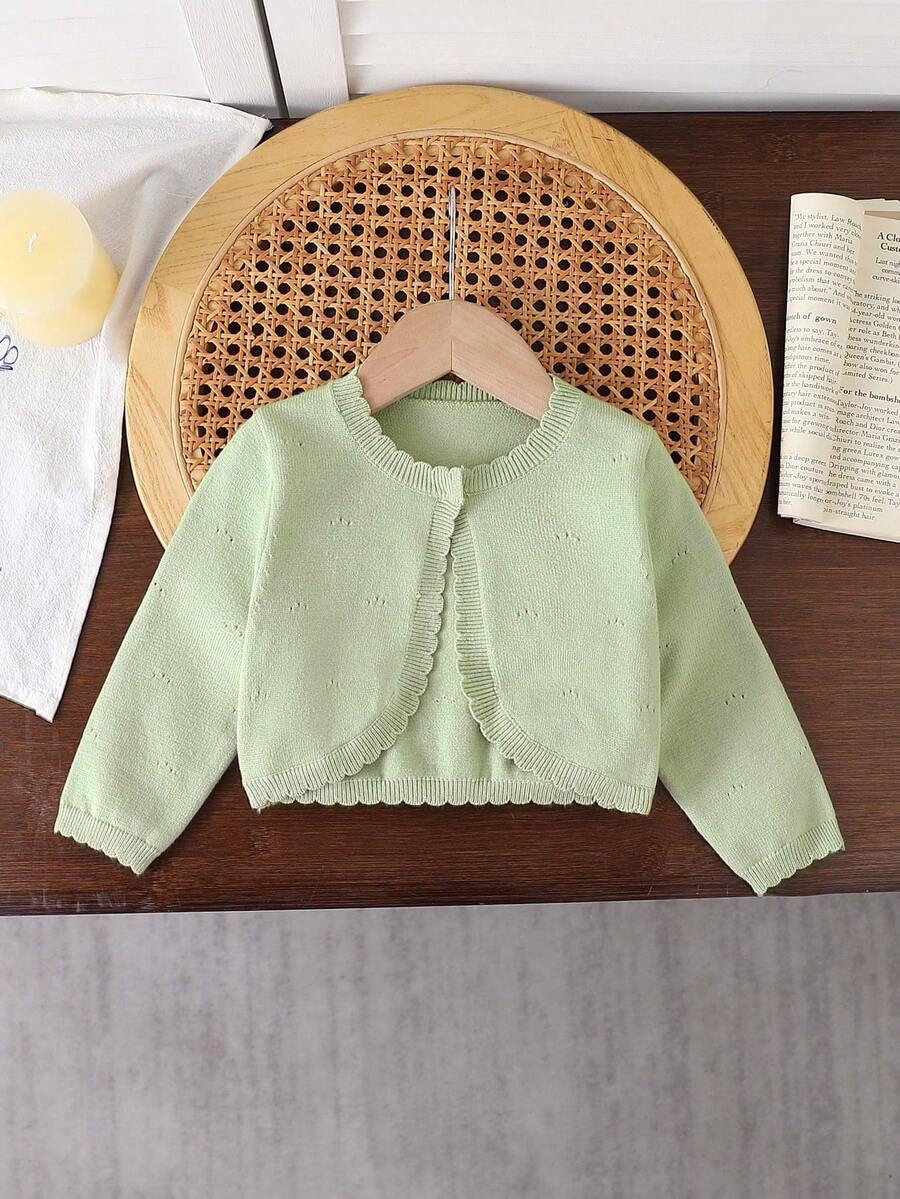 SHEIN Vintaside Kids 女嬰/幼兒薄荷綠休閒家庭套裝可愛優雅日系簡約純色短款針織開襟衫，適合秋季拍照 - 綠色 - 查看 1