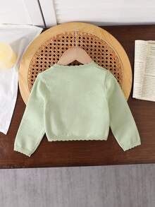 SHEIN Vintaside Kids 女嬰/幼兒薄荷綠休閒家庭套裝可愛優雅日系簡約純色短款針織開襟衫，適合秋季拍照 - 綠色 - 查看 2