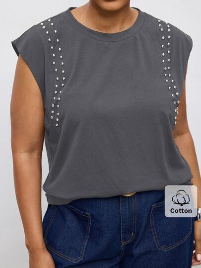 Maija Camiseta de talla grande con decoración de tachuelas para uso diario casual