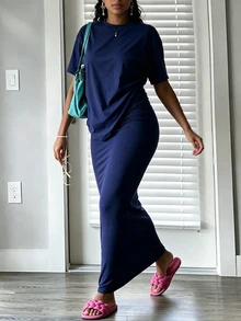 INAWLY Solva Women's Solid Color Round Neck Short Sleeve T-Shirt And Skirt Casual 2 Pieces Set City Break Everyday Navy Blue Summer - Navy Blue - View 4