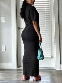 INAWLY Solva Women's Solid Color Round Neck Top And Mermaid Skirt 2 Pieces Set - Black - View 5