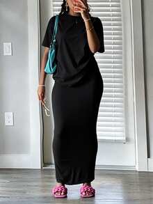 INAWLY Solva Women's Solid Color Round Neck Top And Mermaid Skirt 2 Pieces Set - Black - View 2