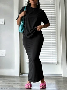 INAWLY Solva Women's Solid Color Round Neck Top And Mermaid Skirt 2 Pieces Set - Black - View 3