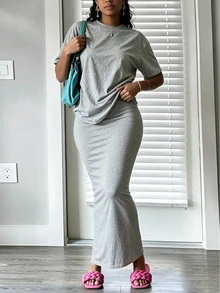 INAWLY Solva Women's Solid Color Short Sleeve Top And Skirt Casual 2 Pieces Set - Light Grey - View 4