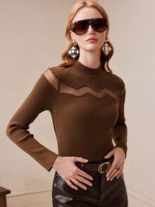 Arave Atasan Wanita Slim Fit Rajut Jala Potongan Dada Gelombang Patchwork Manik-manik Leher Tinggi Lengan Panjang Modern Cokelat Pakaian Musim Gugur untuk Wanita - Coffee Brown - View 4