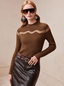 Arave Atasan Wanita Slim Fit Rajut Jala Potongan Dada Gelombang Patchwork Manik-manik Leher Tinggi Lengan Panjang Modern Cokelat Pakaian Musim Gugur untuk Wanita - Coffee Brown - View 8