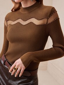 Arave Atasan Wanita Slim Fit Rajut Jala Potongan Dada Gelombang Patchwork Manik-manik Leher Tinggi Lengan Panjang Modern Cokelat Pakaian Musim Gugur untuk Wanita - Coffee Brown - View 2