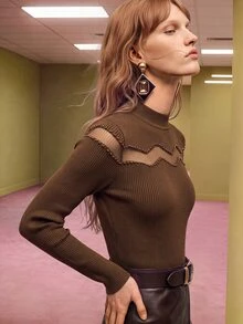 Arave Atasan Wanita Slim Fit Rajut Jala Potongan Dada Gelombang Patchwork Manik-manik Leher Tinggi Lengan Panjang Modern Cokelat Pakaian Musim Gugur untuk Wanita - Coffee Brown - View 3