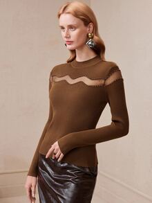 Arave Atasan Wanita Slim Fit Rajut Jala Potongan Dada Gelombang Patchwork Manik-manik Leher Tinggi Lengan Panjang Modern Cokelat Pakaian Musim Gugur untuk Wanita - Coffee Brown - View 6