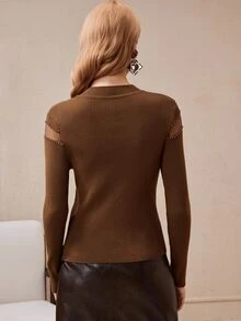 Arave Atasan Wanita Slim Fit Rajut Jala Potongan Dada Gelombang Patchwork Manik-manik Leher Tinggi Lengan Panjang Modern Cokelat Pakaian Musim Gugur untuk Wanita - Coffee Brown - View 5