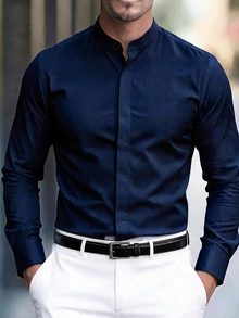 Manfinity Mode Men's Solid Color Stand Collar Hidden Button Design Business Casual Long Sleeve Shirt - Navy Blue - View 1