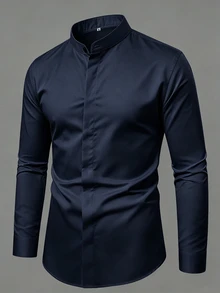 Manfinity Mode Men's Solid Color Stand Collar Hidden Button Design Business Casual Long Sleeve Shirt - Navy Blue - View 4