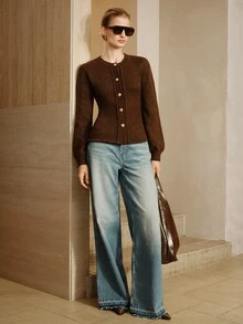 Arave Women's Polyester Fabric Slim Fit Ruffle Hem Design Elegant Date Cardigan - Brown - View 2