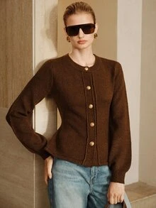 Arave Women's Polyester Fabric Slim Fit Ruffle Hem Design Elegant Date Cardigan - Brown - View 8