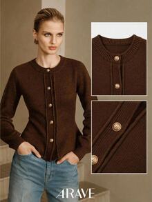 Arave Women's Polyester Fabric Slim Fit Ruffle Hem Design Elegant Date Cardigan - Brown - View 9