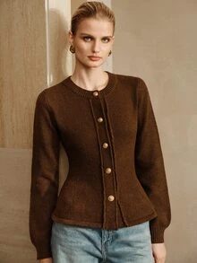 Arave Women's Polyester Fabric Slim Fit Ruffle Hem Design Elegant Date Cardigan - Brown - View 3