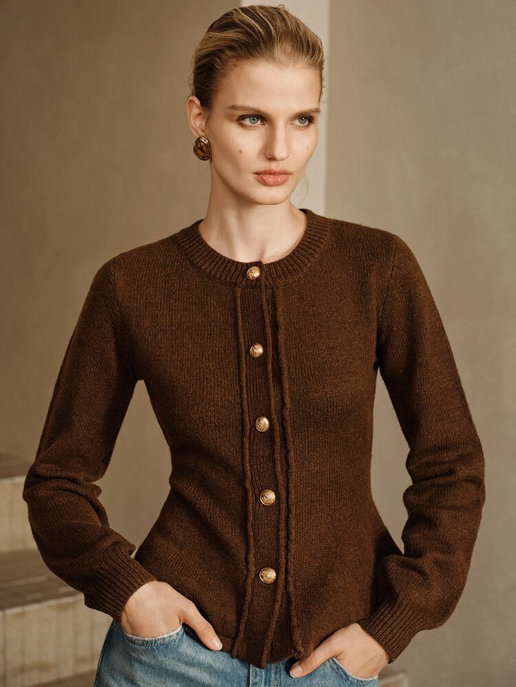 Arave Women's Polyester Fabric Slim Fit Ruffle Hem Design Elegant Date Cardigan - Brown - View 6