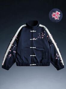 ROMWE MEN Street Life Sudadera casual para hombre con diseño de botones de rana y patrón bordado floral - Azul Marino - Ver 6