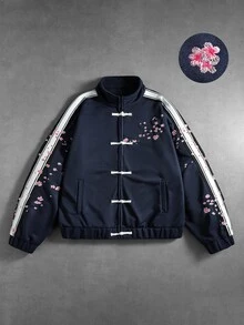 ROMWE MEN Street Life Sudadera casual para hombre con diseño de botones de rana y patrón bordado floral - Azul Marino - Ver 1