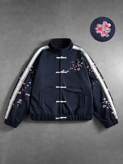 Street Life Herren Lässig Sweatshirt mit floralem Stickmuster und Frosch-Knopf-Design