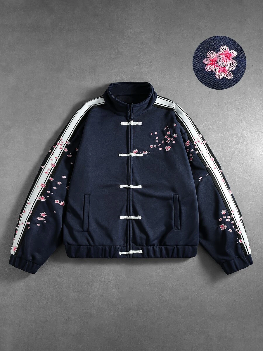 ROMWE MEN Street Life Sudadera casual para hombre con diseño de botones de rana y patrón bordado floral - Azul Marino - Ver 1