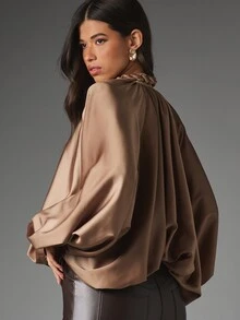 MISSGUIDED Satin Batwing Blouse With Braided High Neck And Tie Waist Detail Oversized Flowing Silhouette Evening Party Top - Khaki - View 2