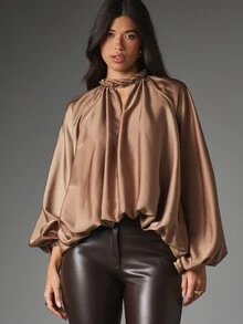 MISSGUIDED Satin Batwing Blouse With Braided High Neck And Tie Waist Detail Oversized Flowing Silhouette Evening Party Top - Khaki - View 5
