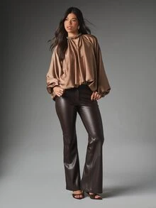 MISSGUIDED Satin Batwing Blouse With Braided High Neck And Tie Waist Detail Oversized Flowing Silhouette Evening Party Top - Khaki - View 3