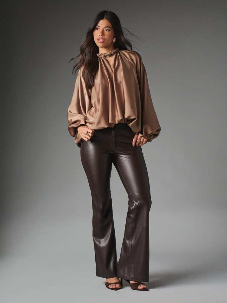 MISSGUIDED Satin Batwing Blouse With Braided High Neck And Tie Waist Detail Oversized Flowing Silhouette Evening Party Top - Khaki - View 3