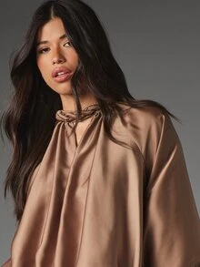 MISSGUIDED Satin Batwing Blouse With Braided High Neck And Tie Waist Detail Oversized Flowing Silhouette Evening Party Top - Khaki - View 4