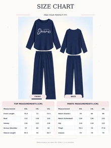 SHEIN Plus size dam 2-delad bomullsmjukis i marinblått, ribbstickad med kontrasterande färg, slogan och boktryck, rund hals, lång ärm, elegant nattklädesset för vintern - Blå - Visa 9