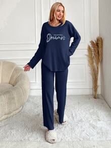 SHEIN Plus size dam 2-delad bomullsmjukis i marinblått, ribbstickad med kontrasterande färg, slogan och boktryck, rund hals, lång ärm, elegant nattklädesset för vintern - Blå - Visa 4