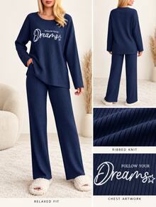 SHEIN Plus size dam 2-delad bomullsmjukis i marinblått, ribbstickad med kontrasterande färg, slogan och boktryck, rund hals, lång ärm, elegant nattklädesset för vintern - Blå - Visa 8