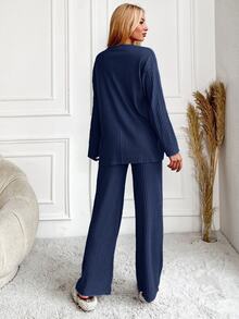 SHEIN Plus size dam 2-delad bomullsmjukis i marinblått, ribbstickad med kontrasterande färg, slogan och boktryck, rund hals, lång ärm, elegant nattklädesset för vintern - Blå - Visa 2