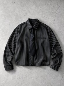 ROMWE MEN Men's Striped Loose Tie Long Sleeve Shirt - Black - View 5