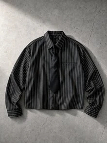 ROMWE MEN Men's Striped Loose Tie Long Sleeve Shirt - Black - View 1