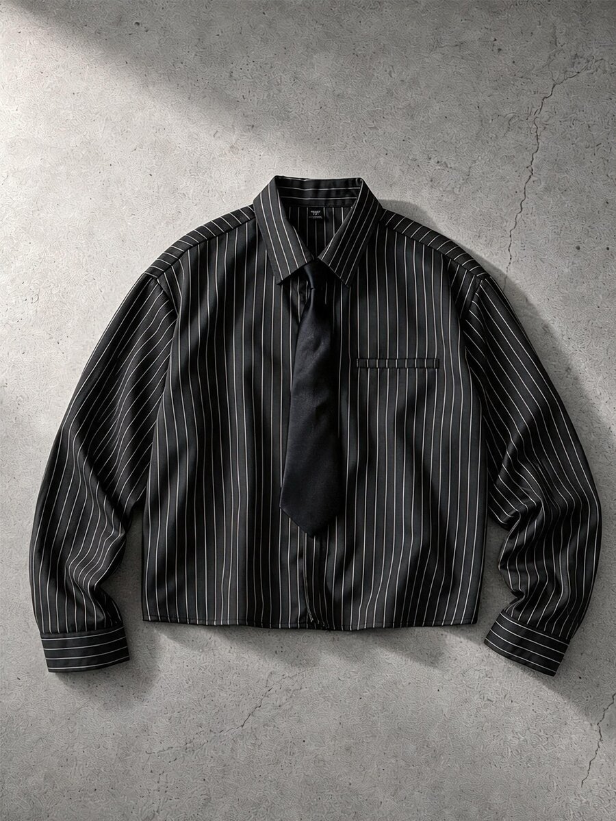ROMWE MEN Men's Striped Loose Tie Long Sleeve Shirt - Black - View 1