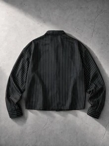 ROMWE MEN Men's Striped Loose Tie Long Sleeve Shirt - Black - View 3