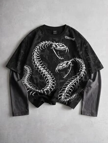 ROMWE MEN Goth Printed Pattern 2 In 1 Loose Long Sleeve T-Shirt - Black - View 1