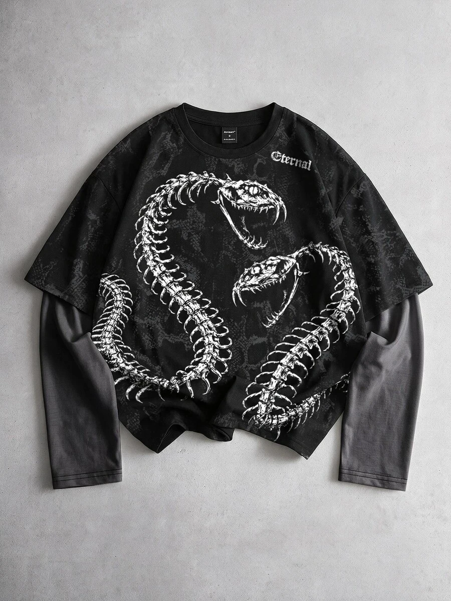 ROMWE MEN Goth Printed Pattern 2 In 1 Loose Long Sleeve T-Shirt - Black - View 1